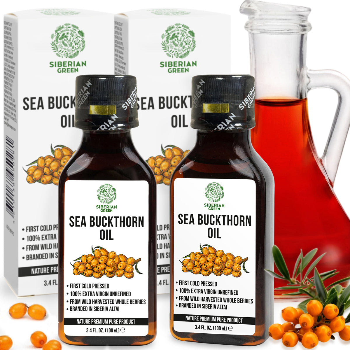 Confezione da 2 pezzi da 100 ml di olio di olivello spinoso siberiano puro al 100% - Extravergine, spremuto a freddo