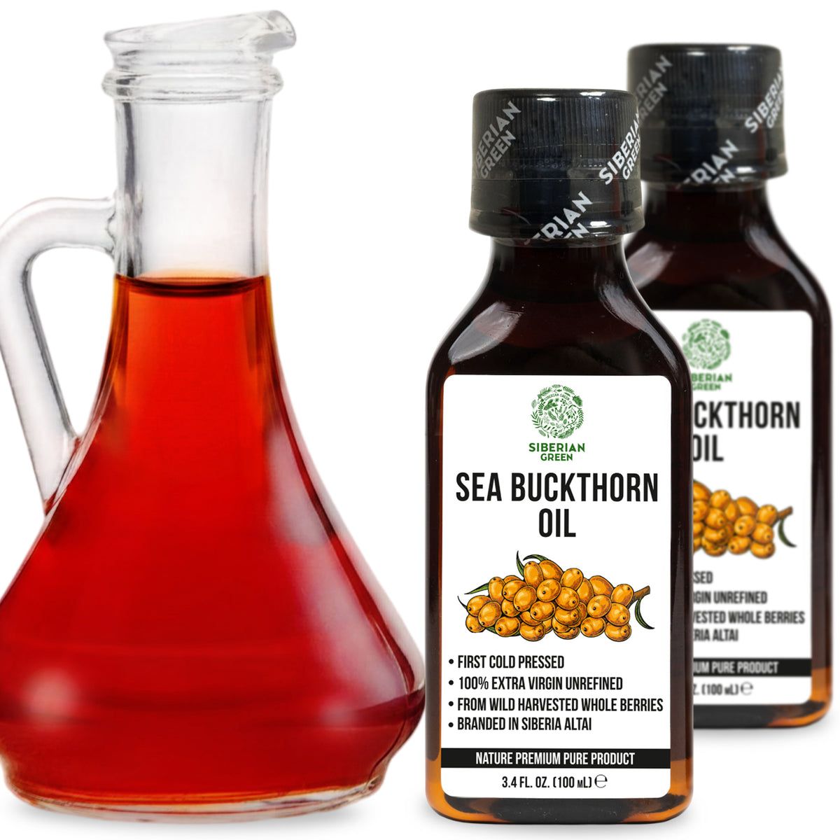 2-Pack 100ml 100% Puro Aceite de Espino Amarillo Siberiano - Virgen Extra, Prensado en Frío