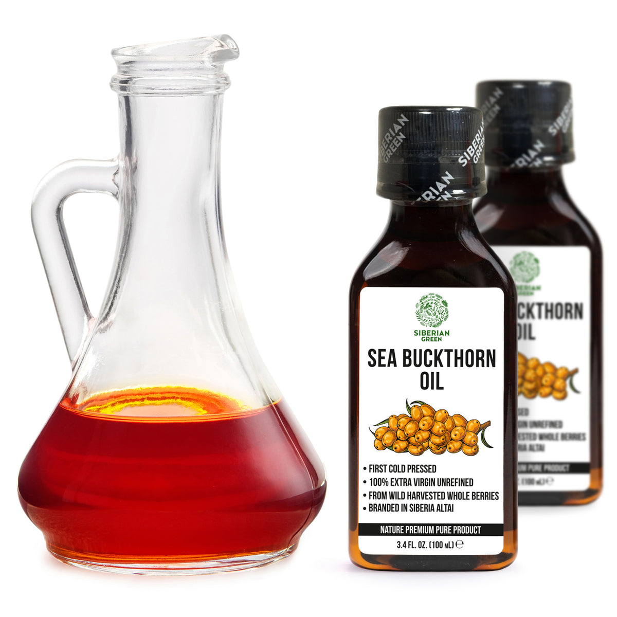 Confezione da 2 pezzi da 100 ml di olio di olivello spinoso siberiano puro al 100% - Extravergine, spremuto a freddo