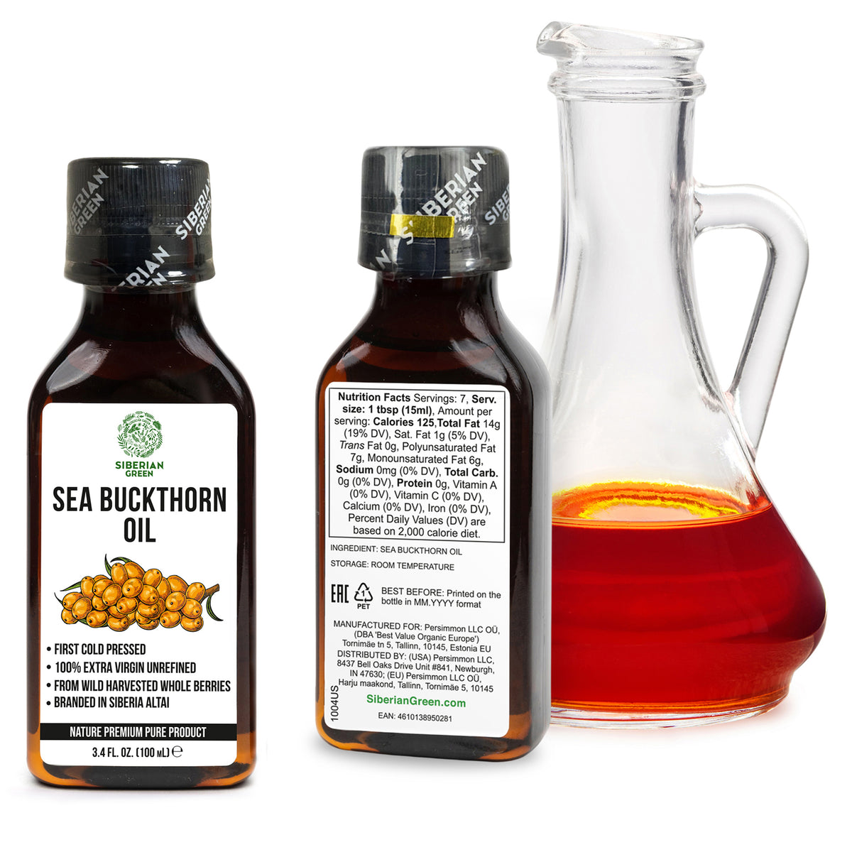 Confezione da 2 pezzi da 100 ml di olio di olivello spinoso siberiano puro al 100% - Extravergine, spremuto a freddo