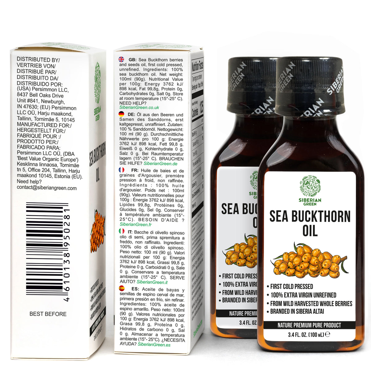 Confezione da 2 pezzi da 100 ml di olio di olivello spinoso siberiano puro al 100% - Extravergine, spremuto a freddo