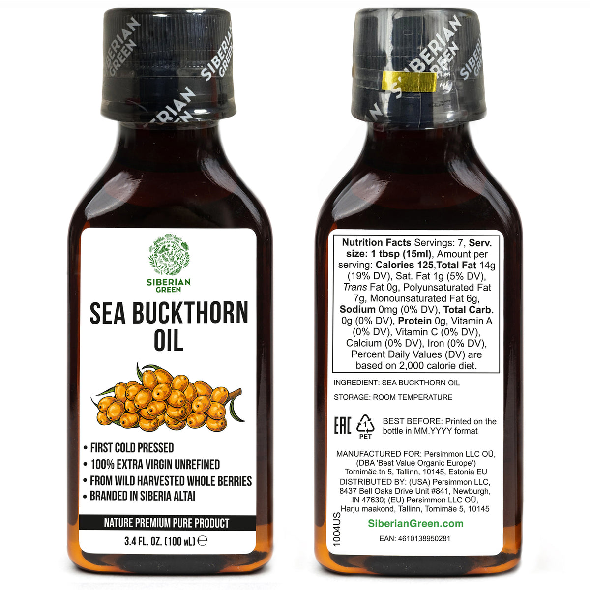 Confezione da 2 pezzi da 100 ml di olio di olivello spinoso siberiano puro al 100% - Extravergine, spremuto a freddo