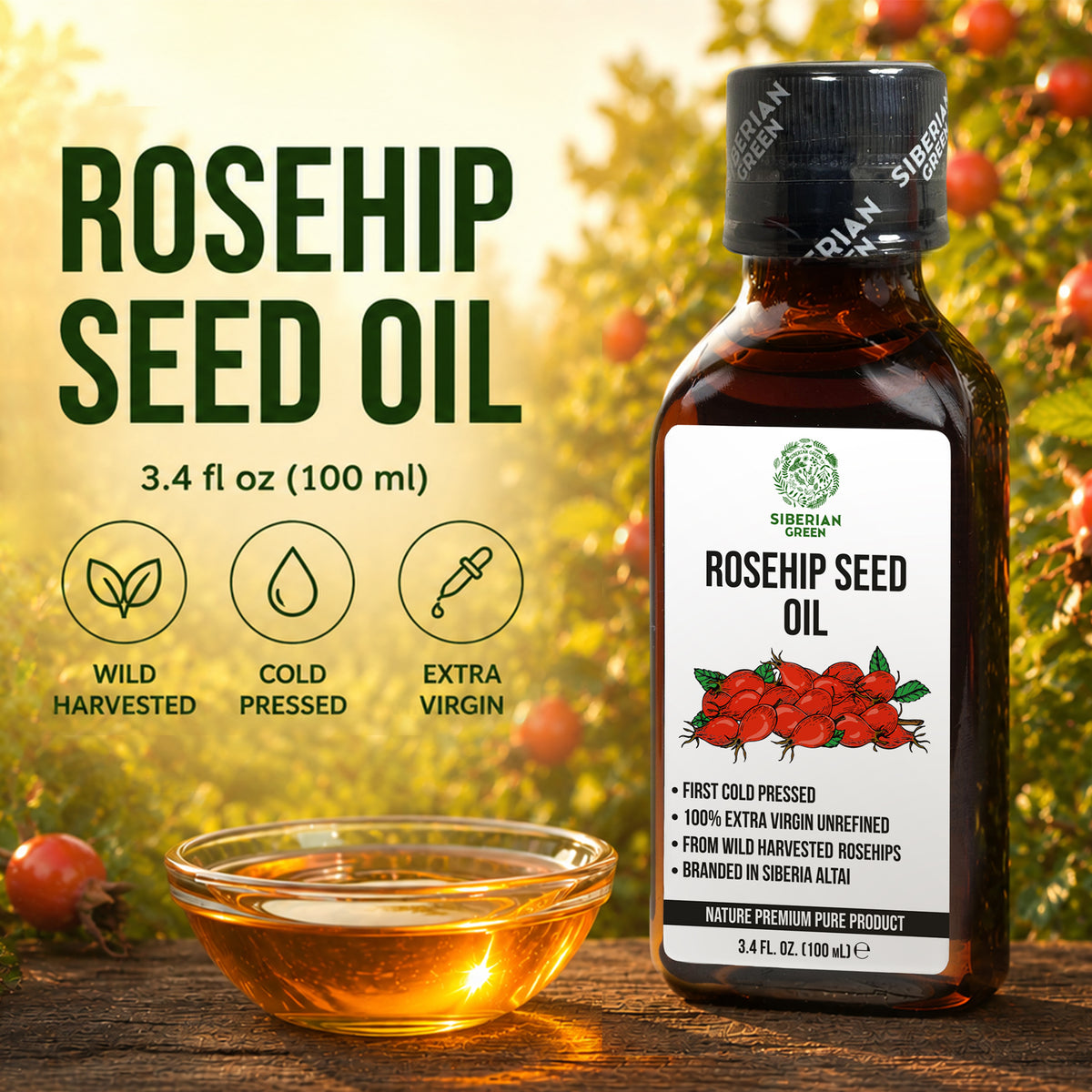 Olio di semi di rosa canina selvatica della Siberia 100 ml | Extra vergine, 100% naturale, per la pelle e il benessere