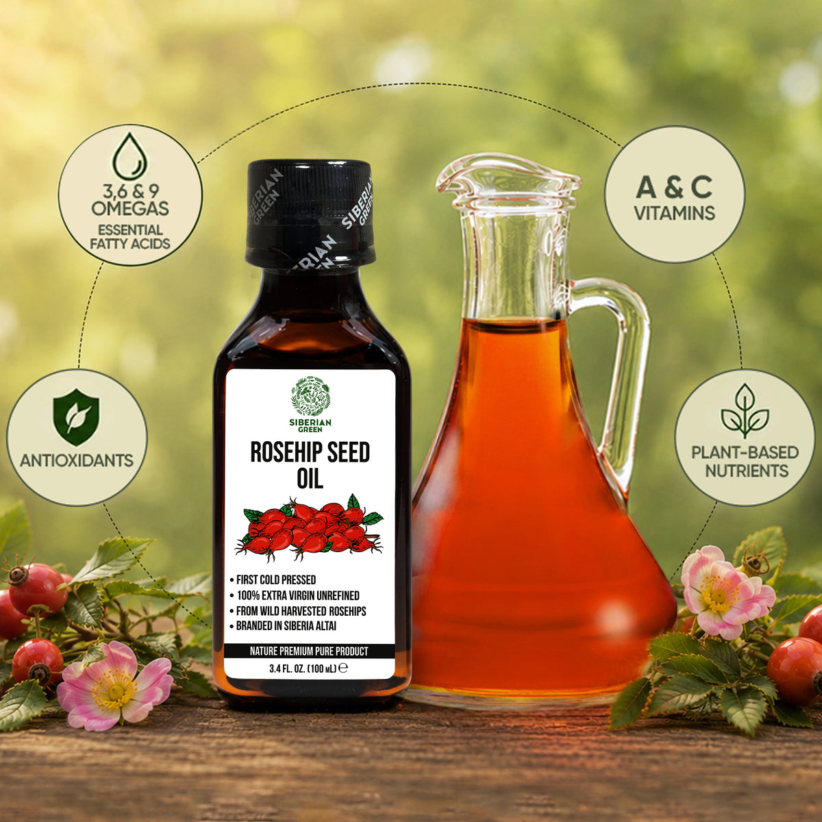 Olio di semi di rosa canina selvatica della Siberia 100 ml | Extra vergine, 100% naturale, per la pelle e il benessere