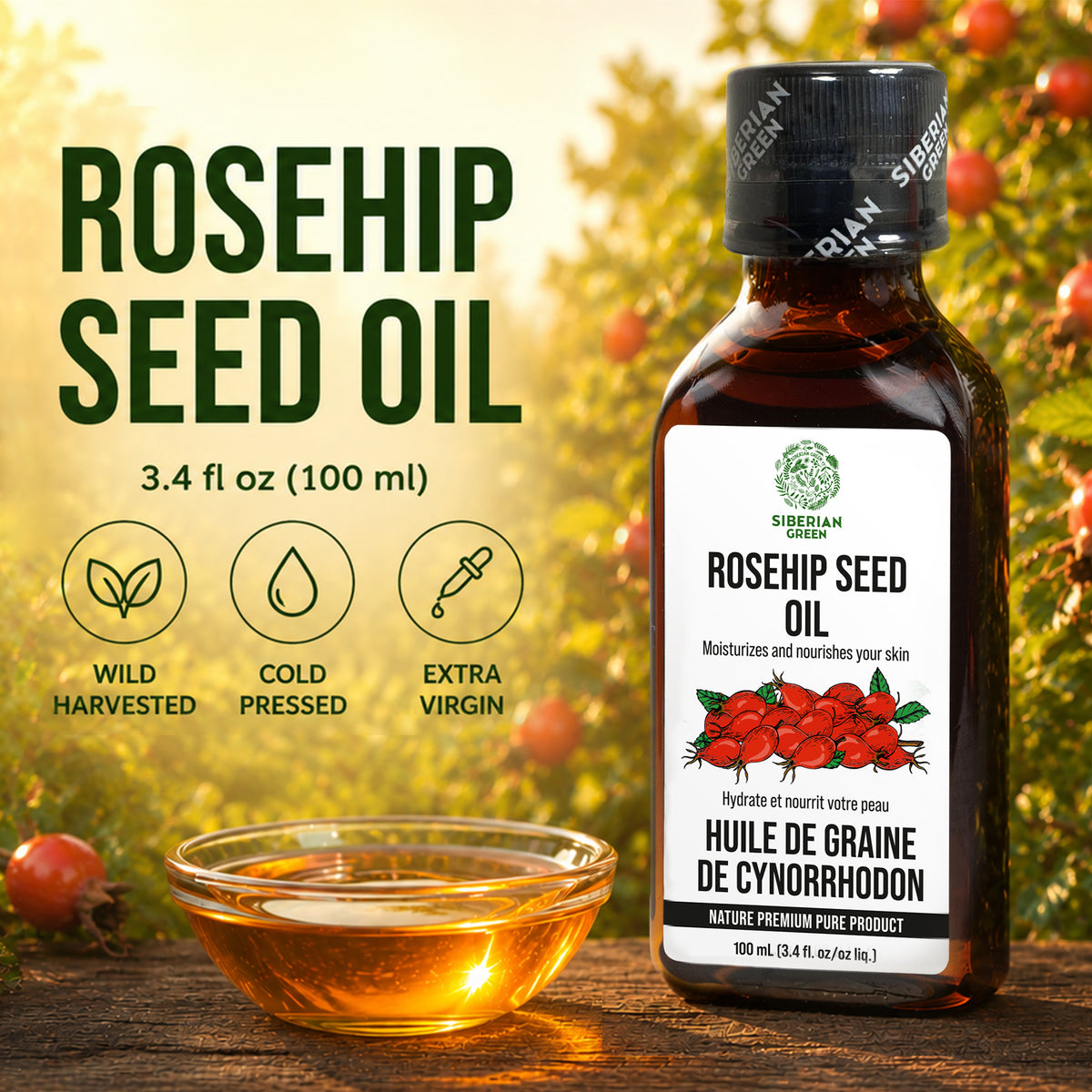 Olio biologico di semi di rosa canina 100 ml – Olio vegetale spremuto a freddo per viso, pelle e capelli