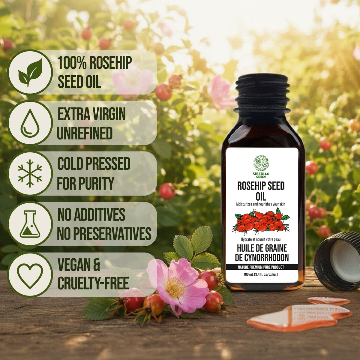 Olio biologico di semi di rosa canina 100 ml – Olio vegetale spremuto a freddo per viso, pelle e capelli
