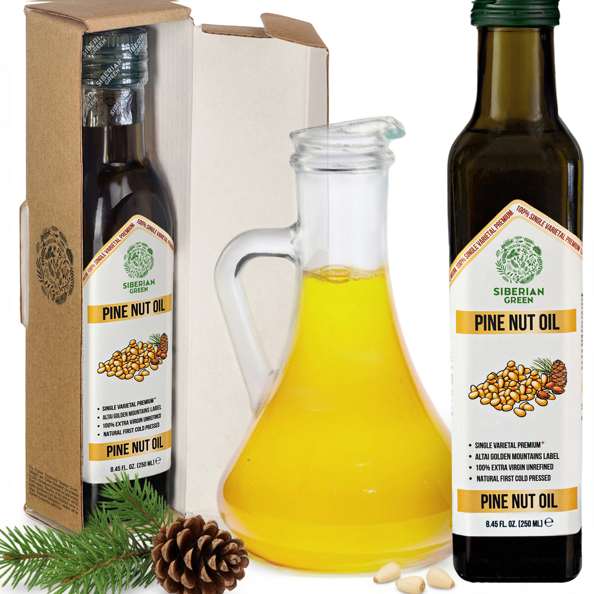 Siberian Green Organic Pine Nut Oil - Pressée à froid - Bouteille en verre de 250ml