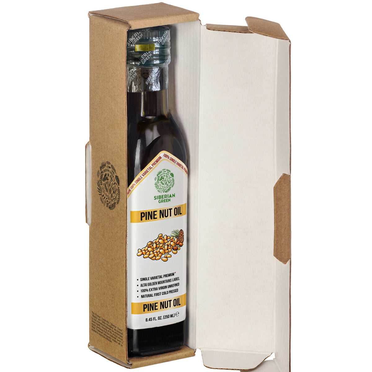 Olio di Pinolo Biologico Verde Siberiano - Spremuto a freddo | Bottiglia di vetro da 250 ml
