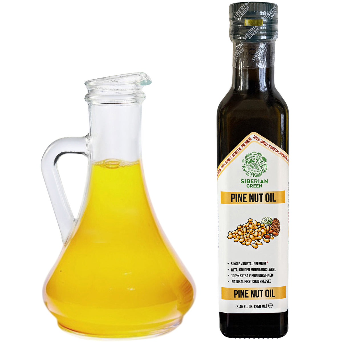 Olio di Pinolo Biologico Verde Siberiano - Spremuto a freddo | Bottiglia di vetro da 250 ml