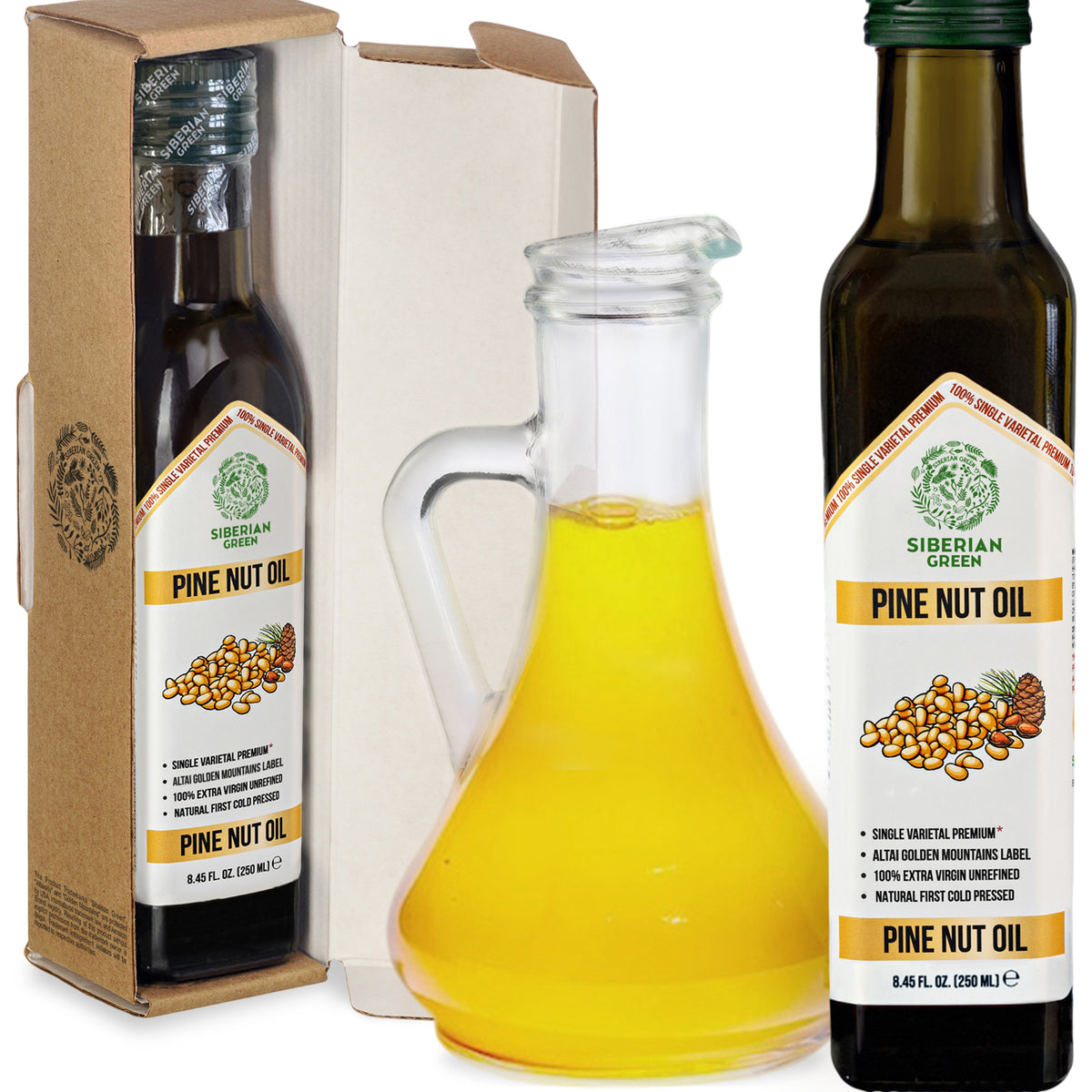 Sibirisches grünes Bio-Kiefernnussöl - kaltgepresst | 250ml Glasflasche