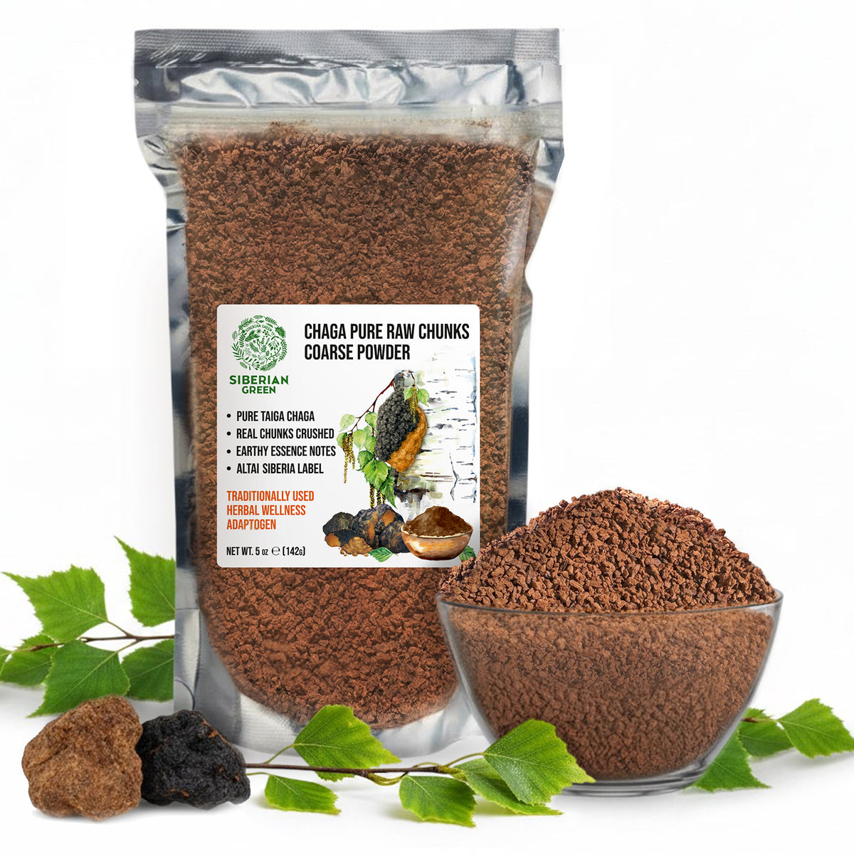 Trozos y polvo grueso de chaga silvestre siberiano 142 g – Inonotus obliquus, superalimento botánico de la UE