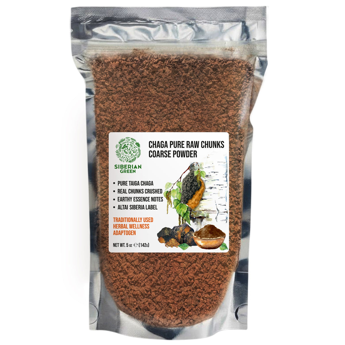 Chaga vert de Sibérie : morceaux bruts purs, poudre grossière, 142 g. Thé à base de champignons sauvages et superaliment adaptogène (Inonotus obliquus)