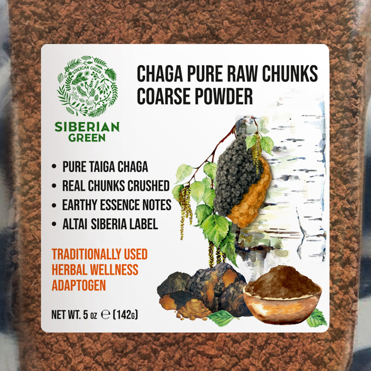 Chaga vert de Sibérie : morceaux bruts purs, poudre grossière, 142 g. Thé à base de champignons sauvages et superaliment adaptogène (Inonotus obliquus)