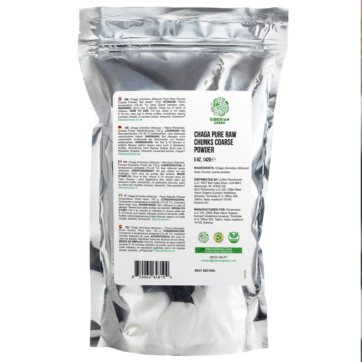 Chaga vert de Sibérie : morceaux bruts purs, poudre grossière, 142 g. Thé à base de champignons sauvages et superaliment adaptogène (Inonotus obliquus)
