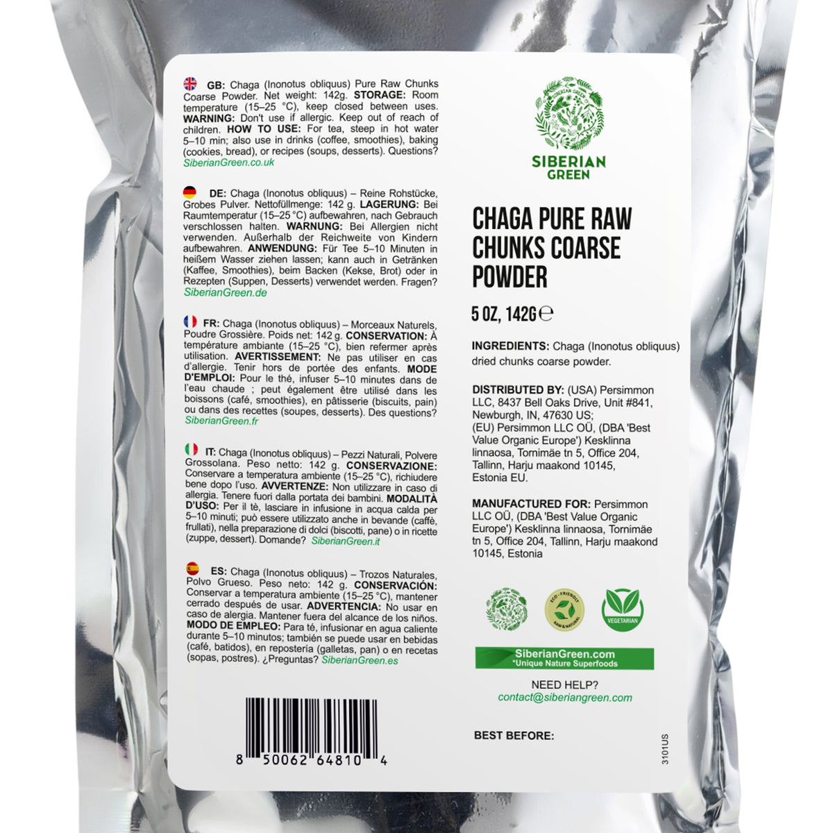 Chaga vert de Sibérie : morceaux bruts purs, poudre grossière, 142 g. Thé à base de champignons sauvages et superaliment adaptogène (Inonotus obliquus)
