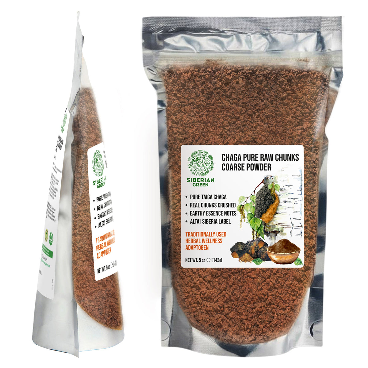 Chaga vert de Sibérie : morceaux bruts purs, poudre grossière, 142 g. Thé à base de champignons sauvages et superaliment adaptogène (Inonotus obliquus)