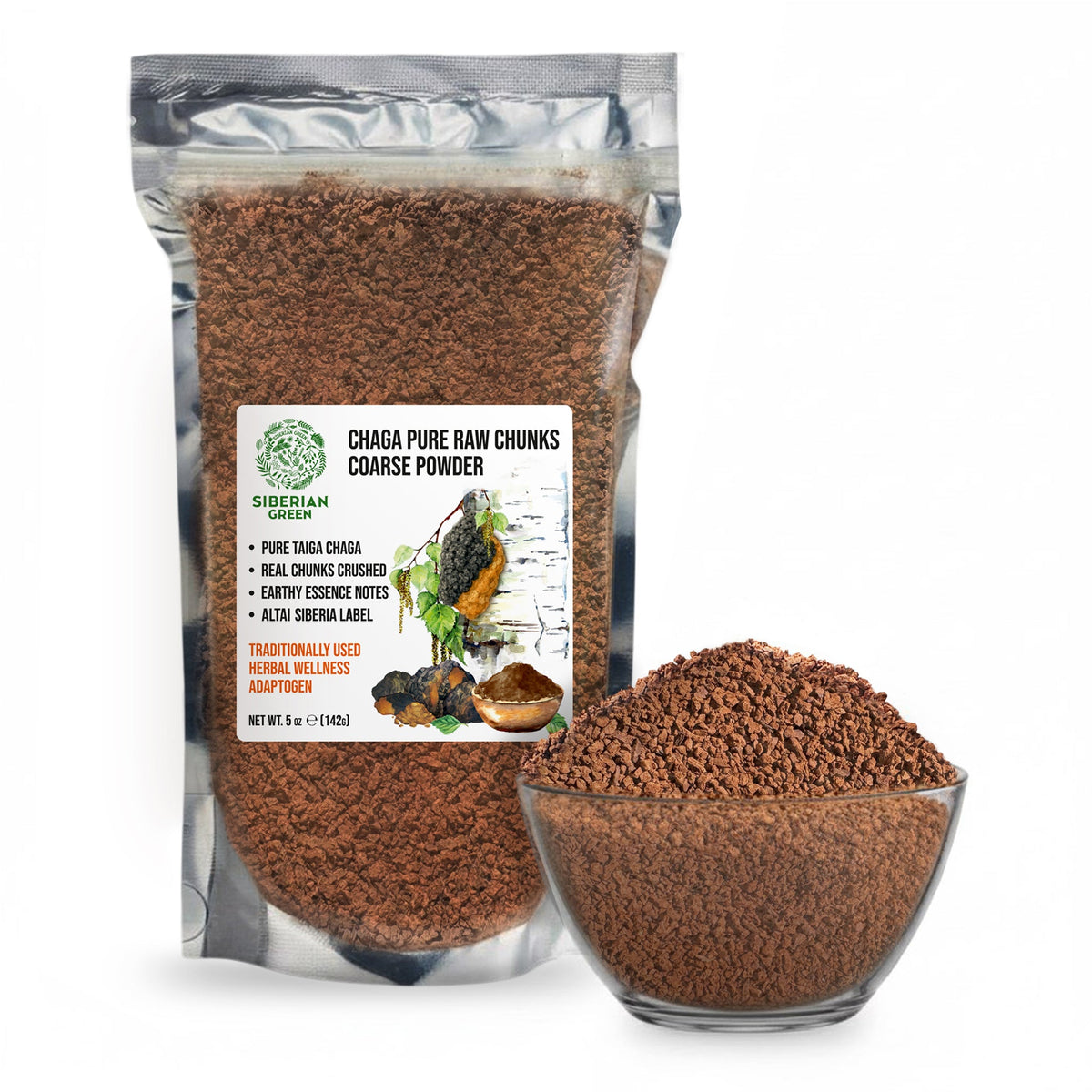 Chaga vert de Sibérie : morceaux bruts purs, poudre grossière, 142 g. Thé à base de champignons sauvages et superaliment adaptogène (Inonotus obliquus)