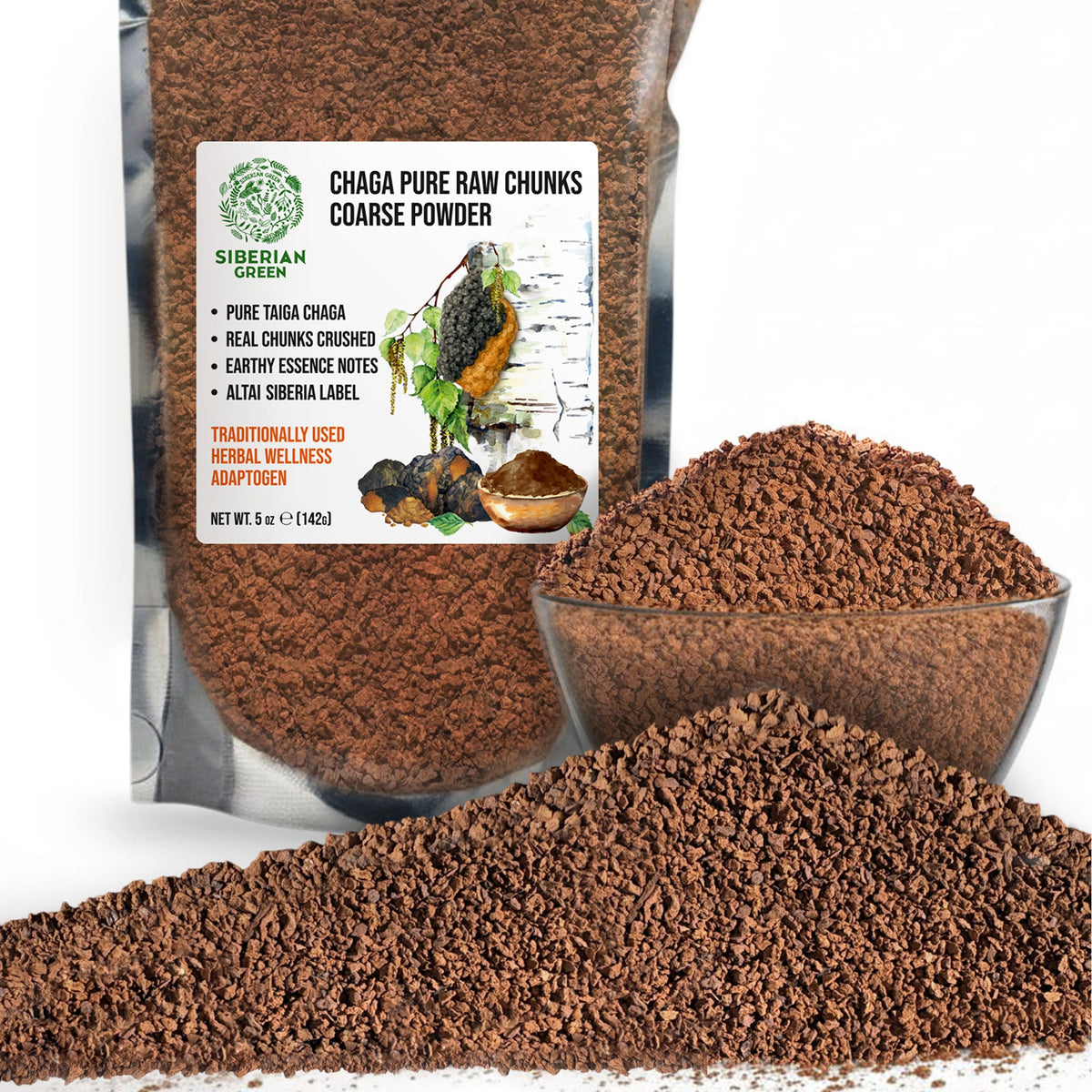 Chaga vert de Sibérie : morceaux bruts purs, poudre grossière, 142 g. Thé à base de champignons sauvages et superaliment adaptogène (Inonotus obliquus)