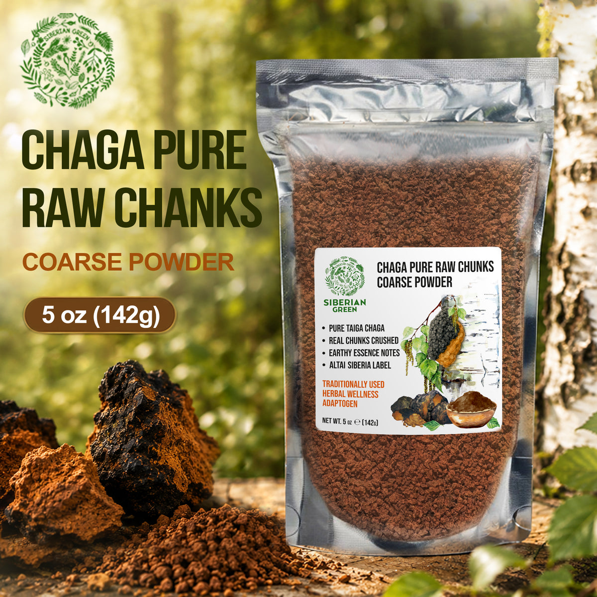 Trozos y polvo grueso de chaga silvestre siberiano 142 g – Inonotus obliquus, superalimento botánico de la UE