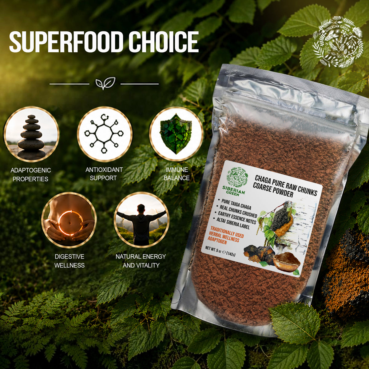 Trozos y polvo grueso de chaga silvestre siberiano 142 g – Inonotus obliquus, superalimento botánico de la UE