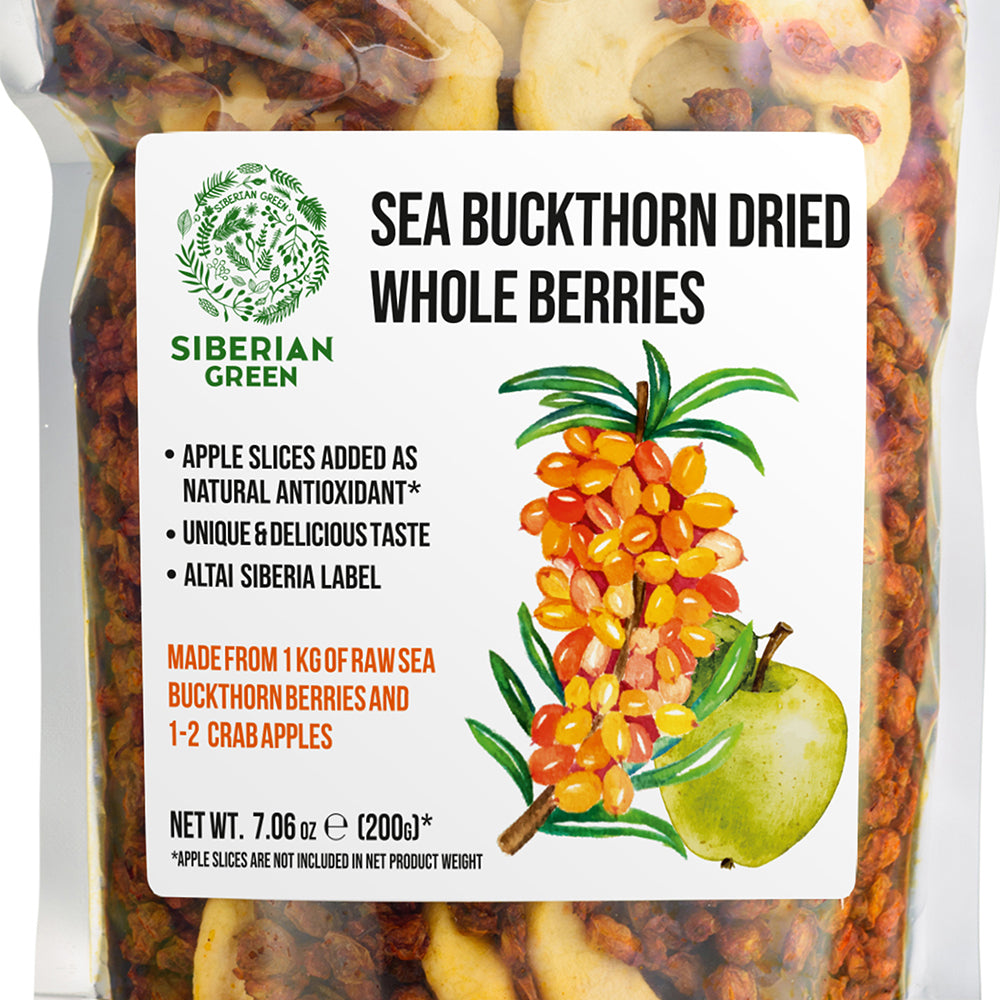 Olivello spinoso siberiano e fette di mela - 200 g - Miscela di bacche selvatiche essiccate