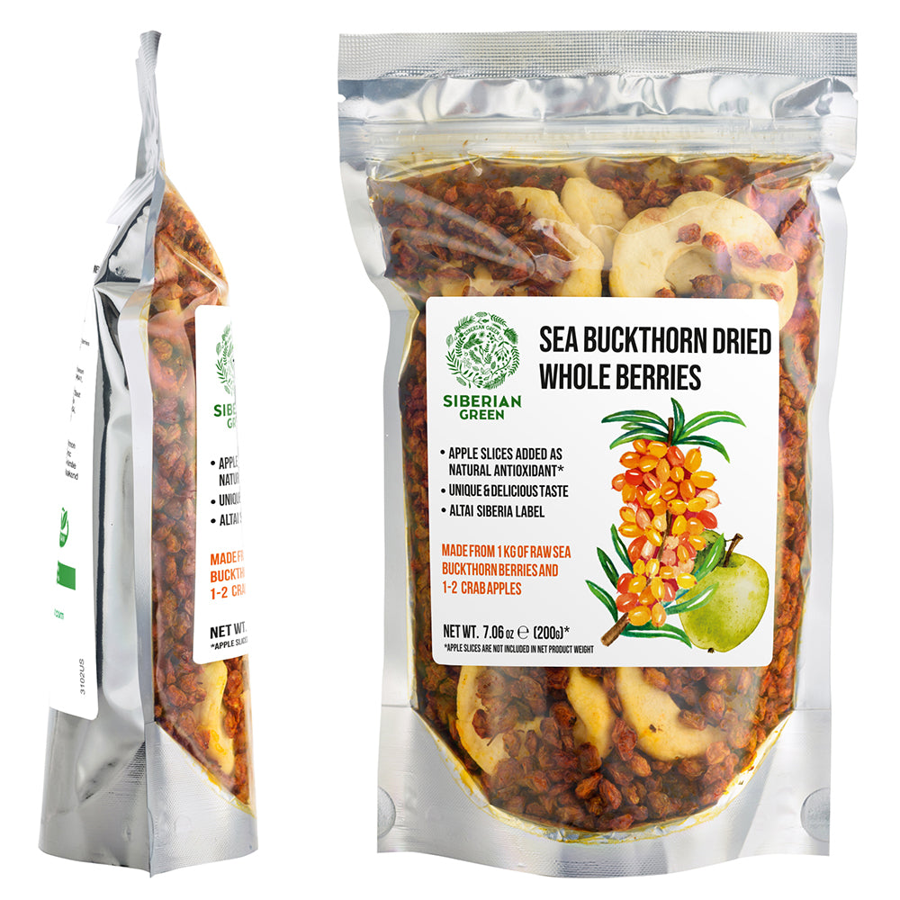 Olivello spinoso siberiano e fette di mela - 200 g - Miscela di bacche selvatiche essiccate