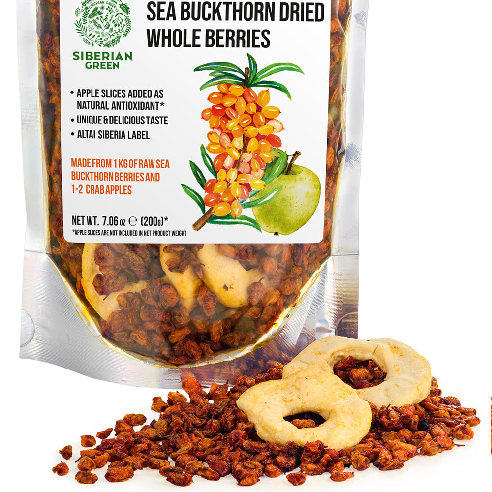 Olivello spinoso siberiano e fette di mela - 200 g - Miscela di bacche selvatiche essiccate