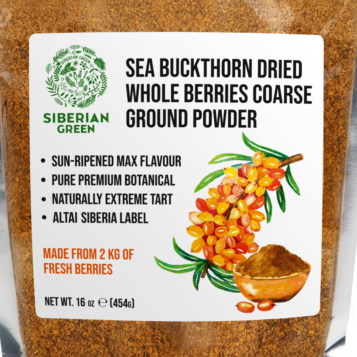 Polvere grossolana di bacche intere essiccate di olivello spinoso siberiano – 454 g (16 oz) Tisana ai superfrutti e frullato 100% puro Hippophae rhamnoides