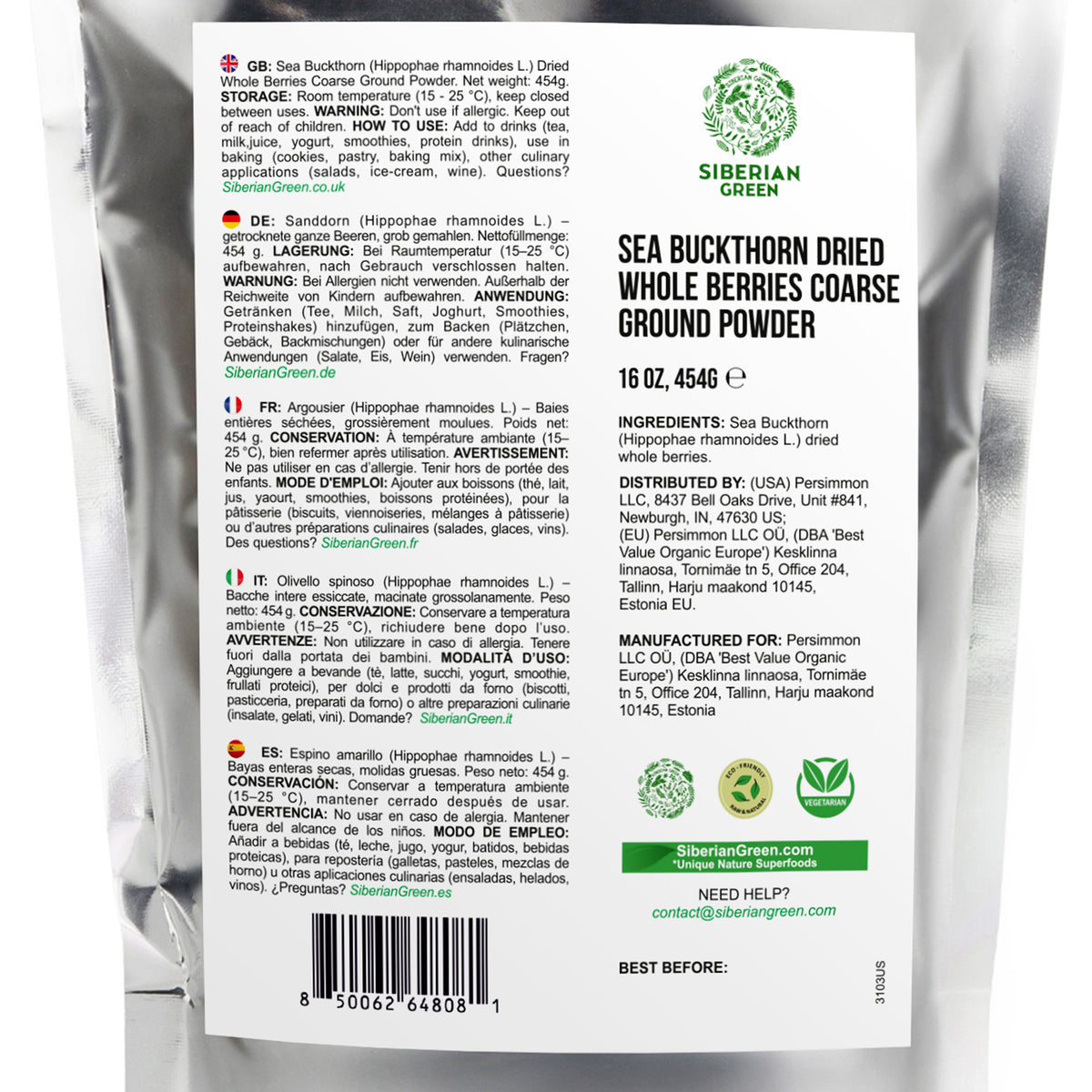 Polvo de bayas de espino amarillo siberiano 454 g – Hippophae rhamnoides para té, batidos y recetas