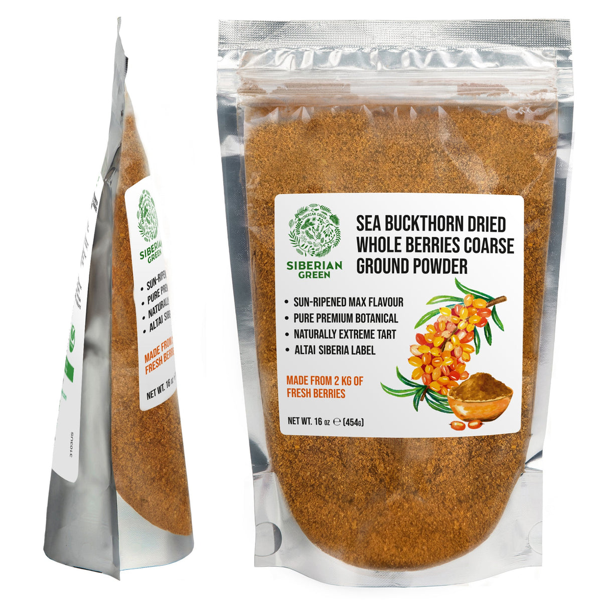 Polvere grossolana di bacche intere essiccate di olivello spinoso siberiano – 454 g (16 oz) Tisana ai superfrutti e frullato 100% puro Hippophae rhamnoides
