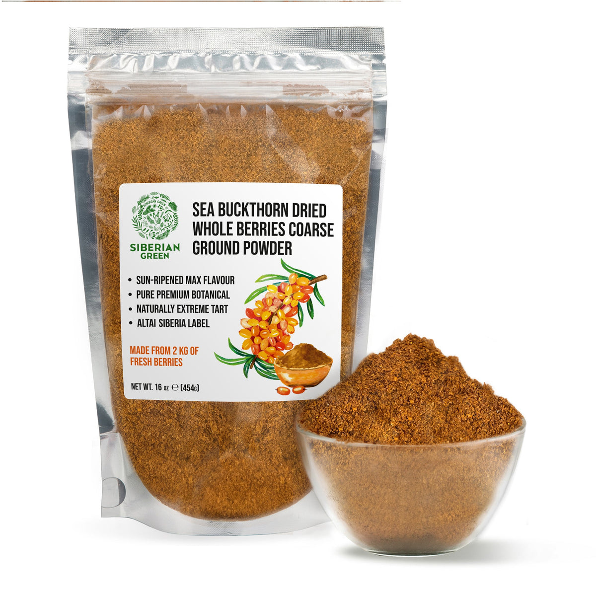 Polvere grossolana di bacche intere essiccate di olivello spinoso siberiano – 454 g (16 oz) Tisana ai superfrutti e frullato 100% puro Hippophae rhamnoides