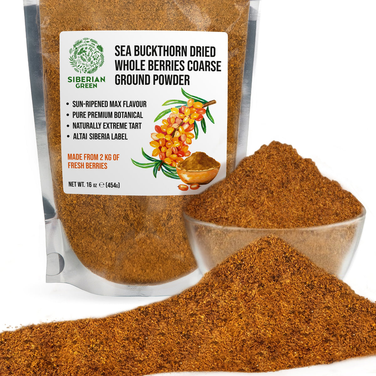 Polvere grossolana di bacche intere essiccate di olivello spinoso siberiano – 454 g (16 oz) Tisana ai superfrutti e frullato 100% puro Hippophae rhamnoides