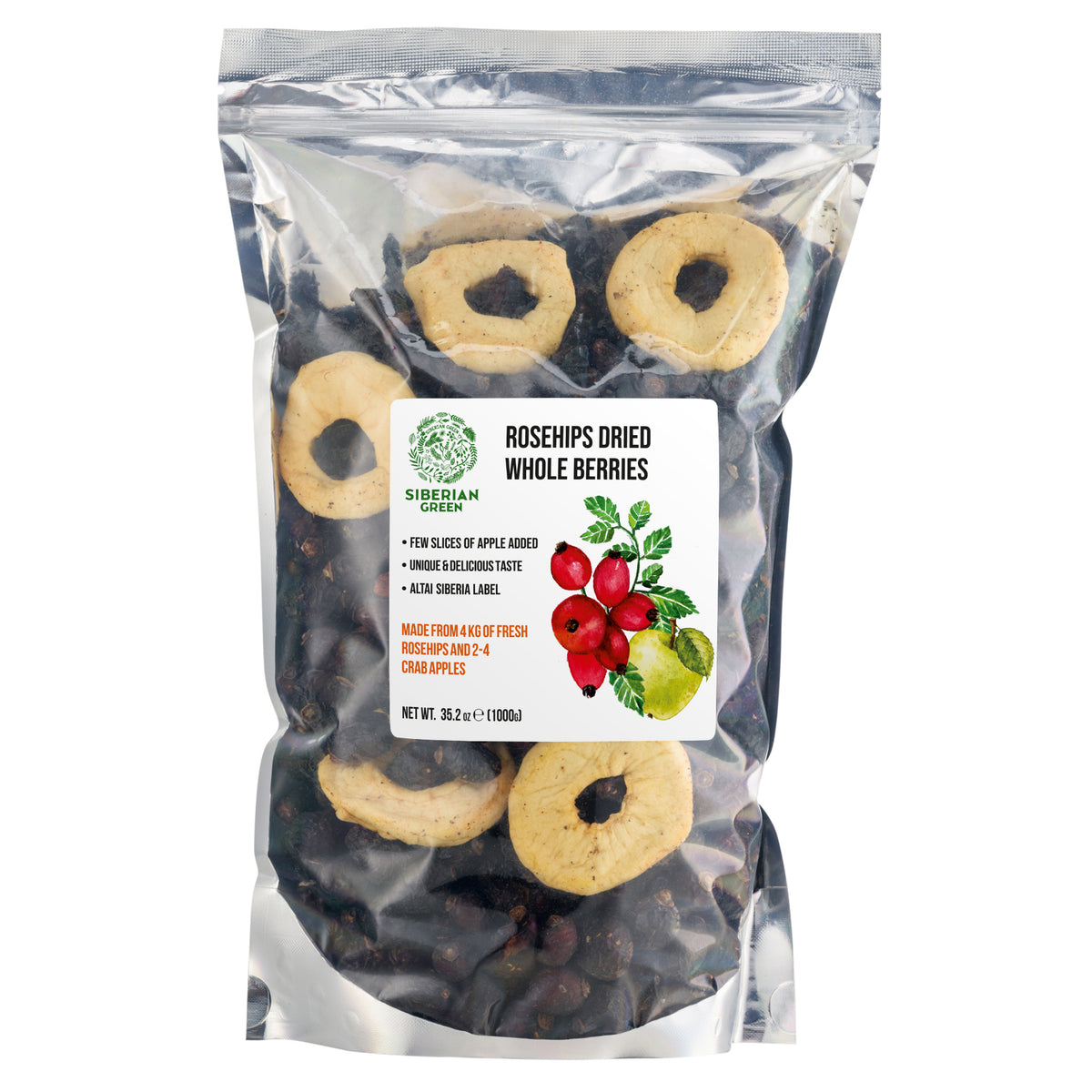Semi interi di rosa canina essiccata siberiana con fettine di mela - 1 kg | Prodotto conservato con tutti i nutrienti naturali