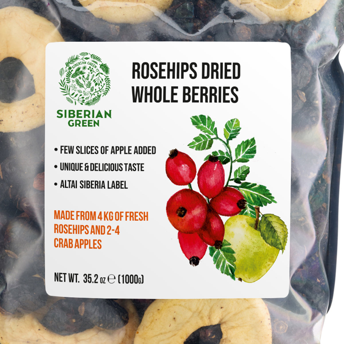 Semi interi di rosa canina essiccata siberiana con fettine di mela - 1 kg | Prodotto conservato con tutti i nutrienti naturali