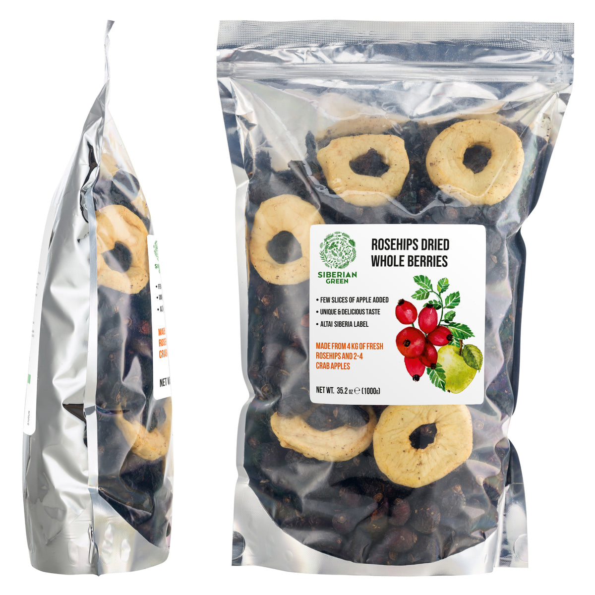 Semi interi di rosa canina essiccata siberiana con fettine di mela - 1 kg | Prodotto conservato con tutti i nutrienti naturali