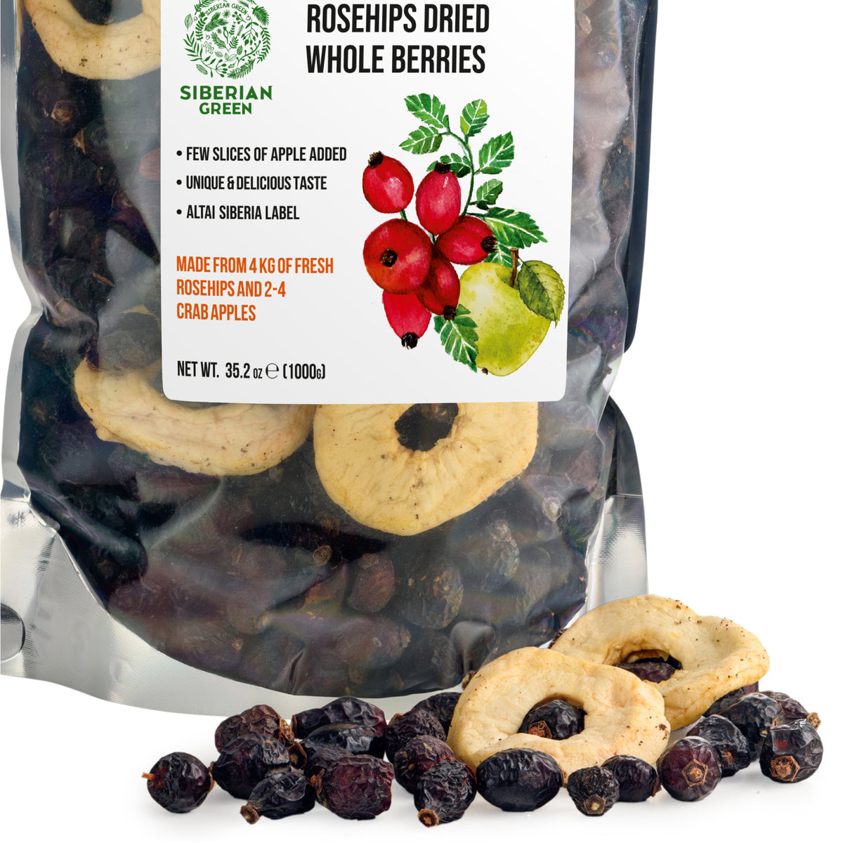 Semi interi di rosa canina essiccata siberiana con fettine di mela - 1 kg | Prodotto conservato con tutti i nutrienti naturali