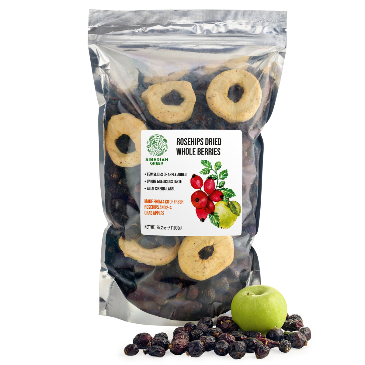 Semi interi di rosa canina essiccata siberiana con fettine di mela - 1 kg | Prodotto conservato con tutti i nutrienti naturali