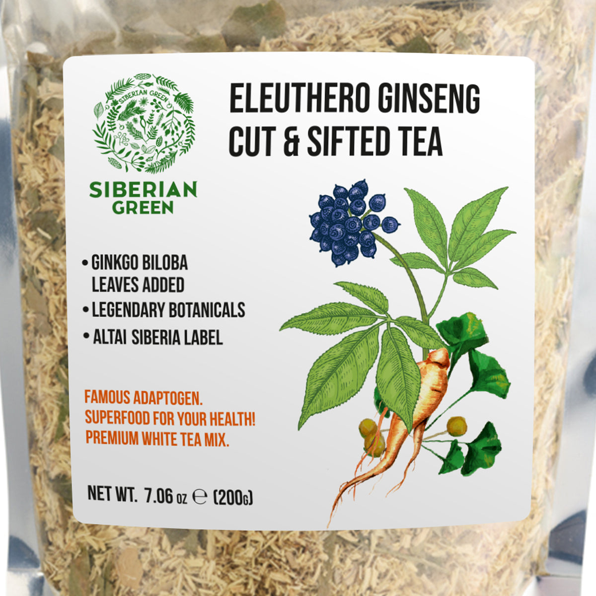 Polvere di radice di Ginseng siberiano con Ginkgo Biloba - 200g | Radice di Eleuthero 100% naturale dalla Taiga di Altai