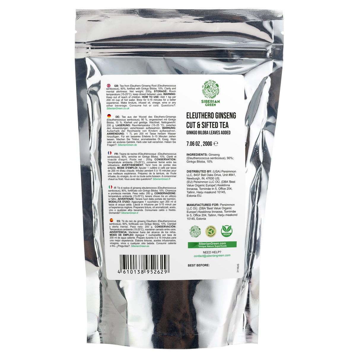 Polvere di radice di Ginseng siberiano con Ginkgo Biloba - 200g | Radice di Eleuthero 100% naturale dalla Taiga di Altai