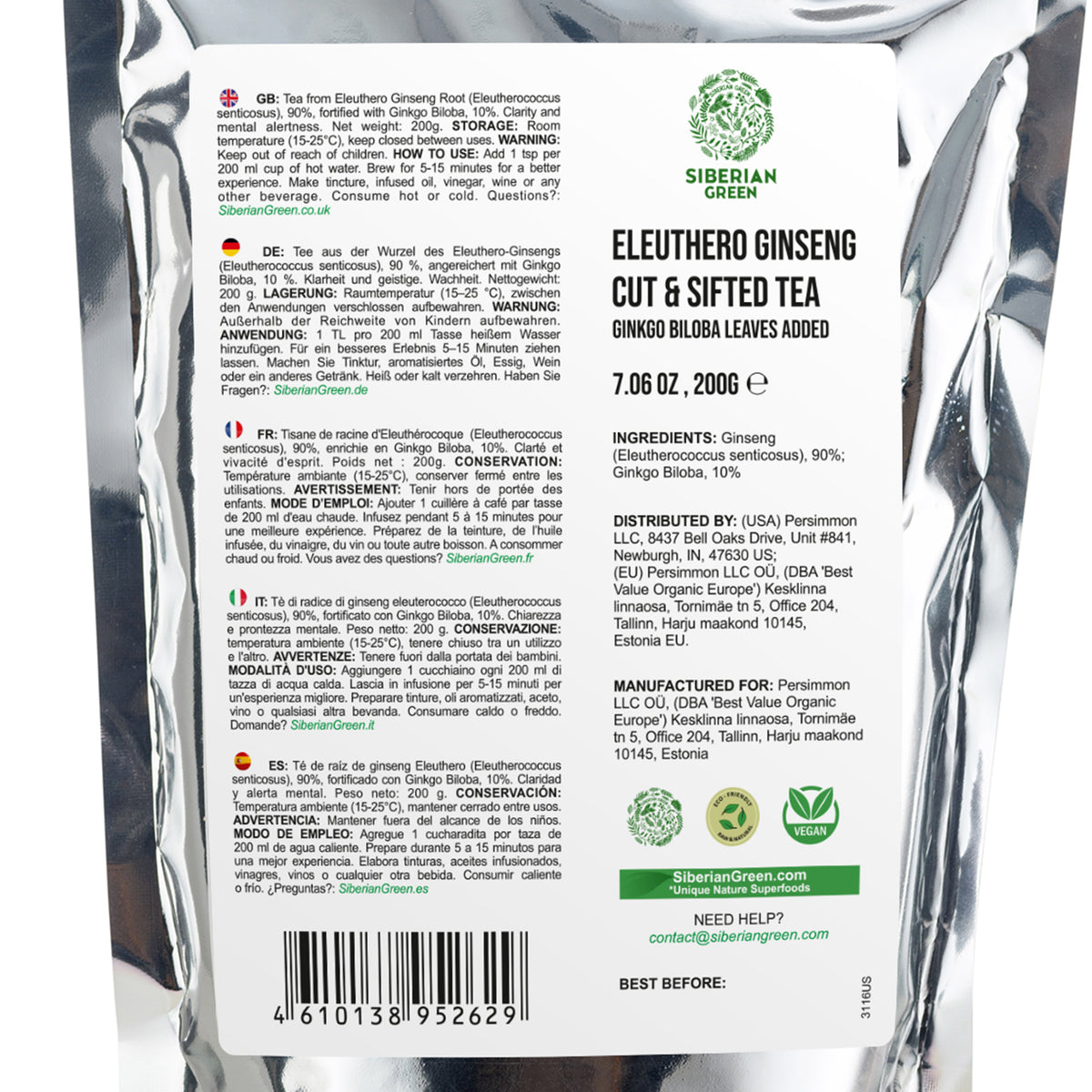 Polvere di radice di Ginseng siberiano con Ginkgo Biloba - 200g | Radice di Eleuthero 100% naturale dalla Taiga di Altai