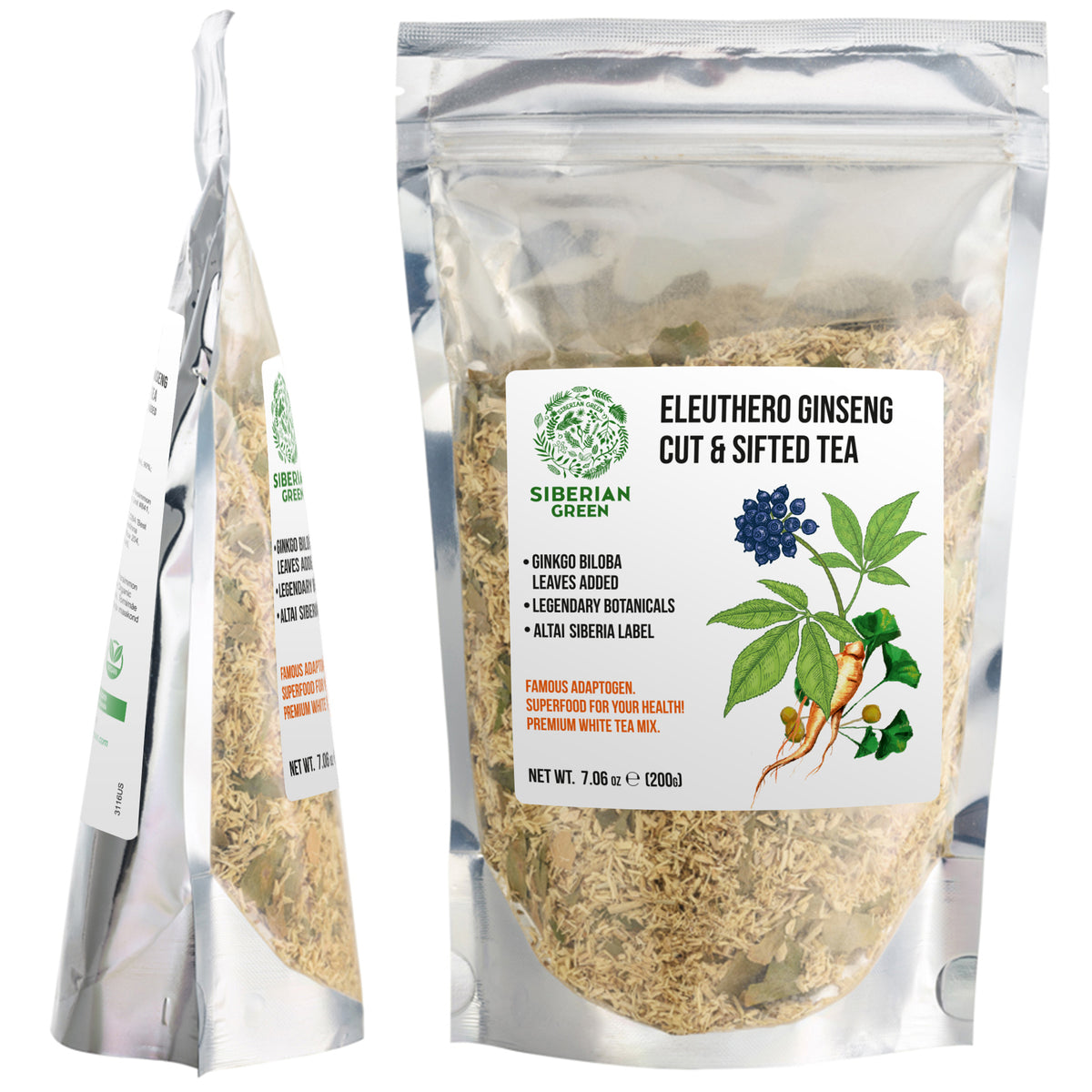 Polvere di radice di Ginseng siberiano con Ginkgo Biloba - 200g | Radice di Eleuthero 100% naturale dalla Taiga di Altai