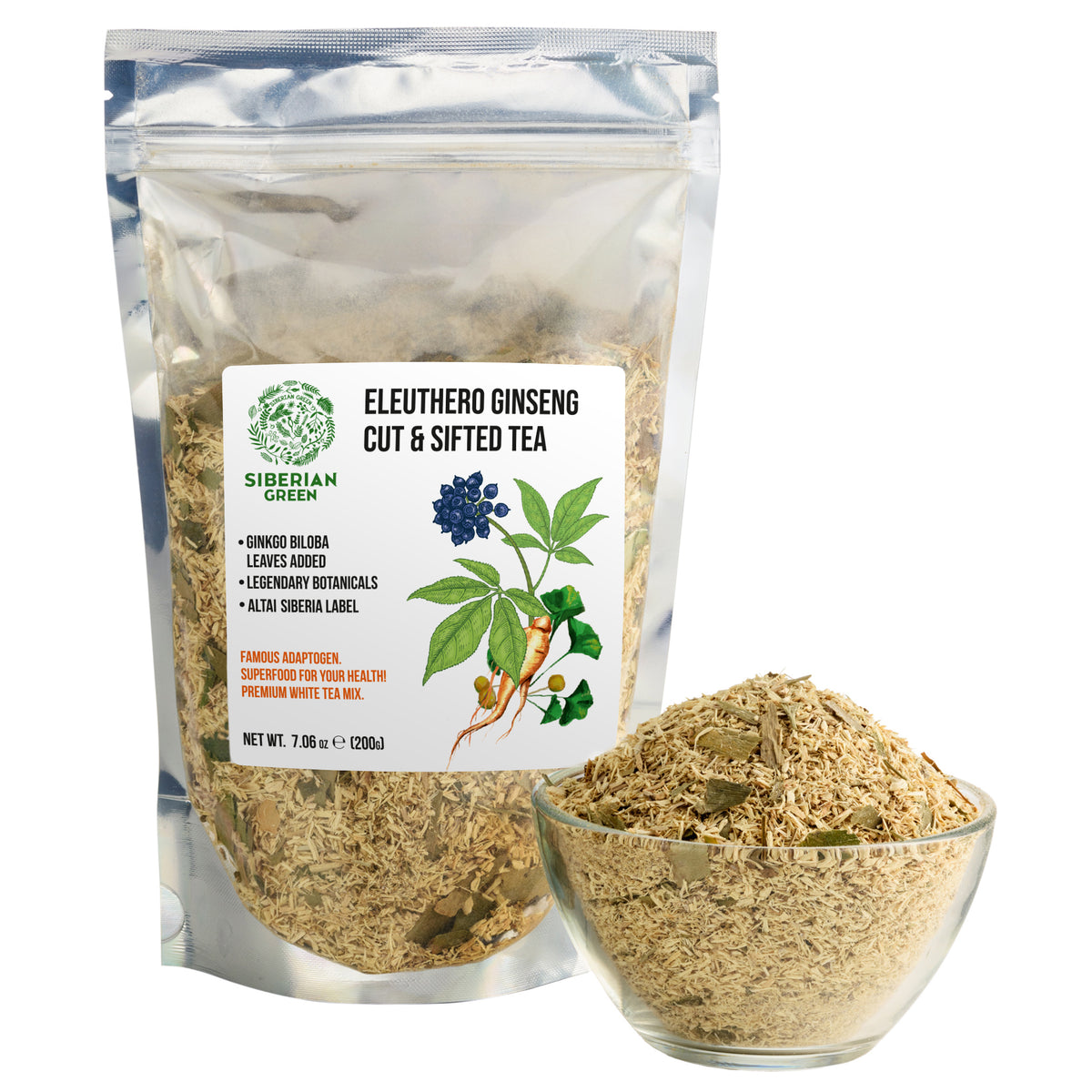 Polvere di radice di Ginseng siberiano con Ginkgo Biloba - 200g | Radice di Eleuthero 100% naturale dalla Taiga di Altai