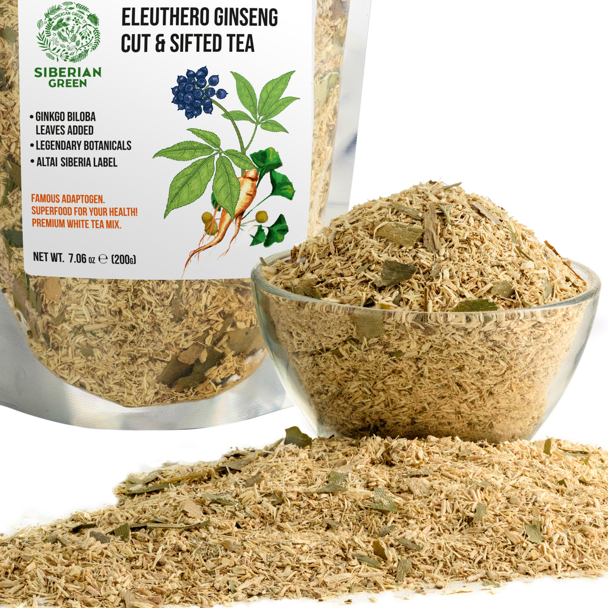 Polvere di radice di Ginseng siberiano con Ginkgo Biloba - 200g | Radice di Eleuthero 100% naturale dalla Taiga di Altai