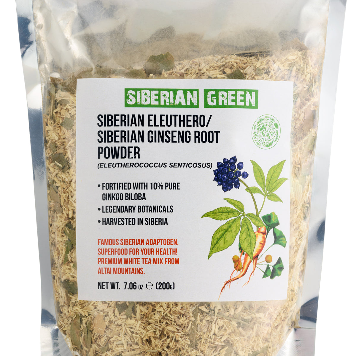 Siberian Ginseng Root Powder with Ginkgo Biloba – 200g | 100% Natural Eleuthero Root from Altai Taiga