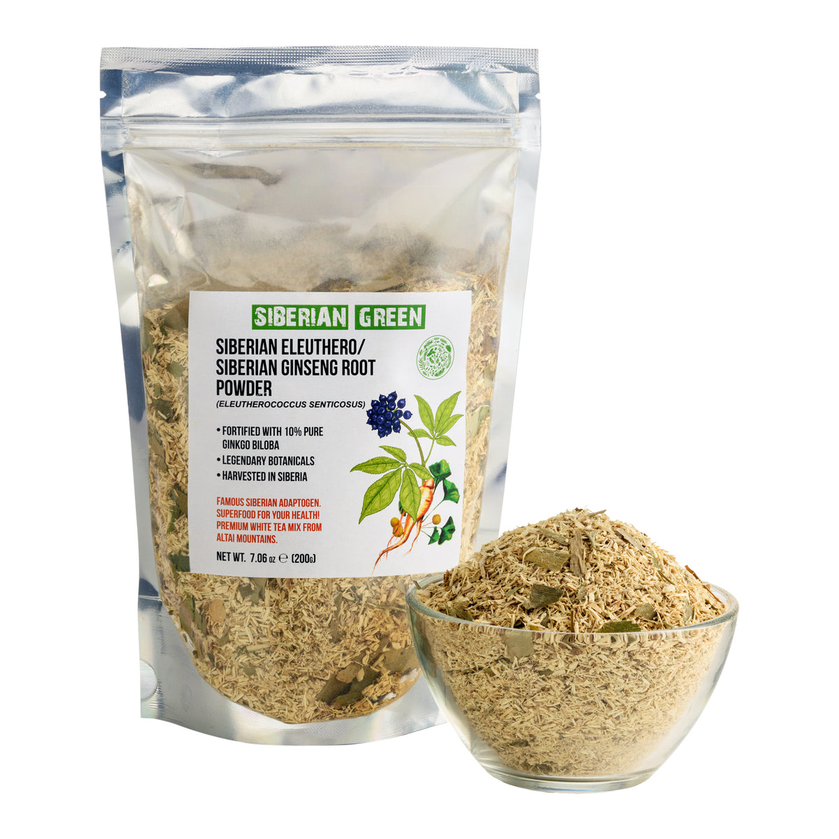 Siberian Ginseng Root Powder with Ginkgo Biloba – 200g | 100% Natural Eleuthero Root from Altai Taiga