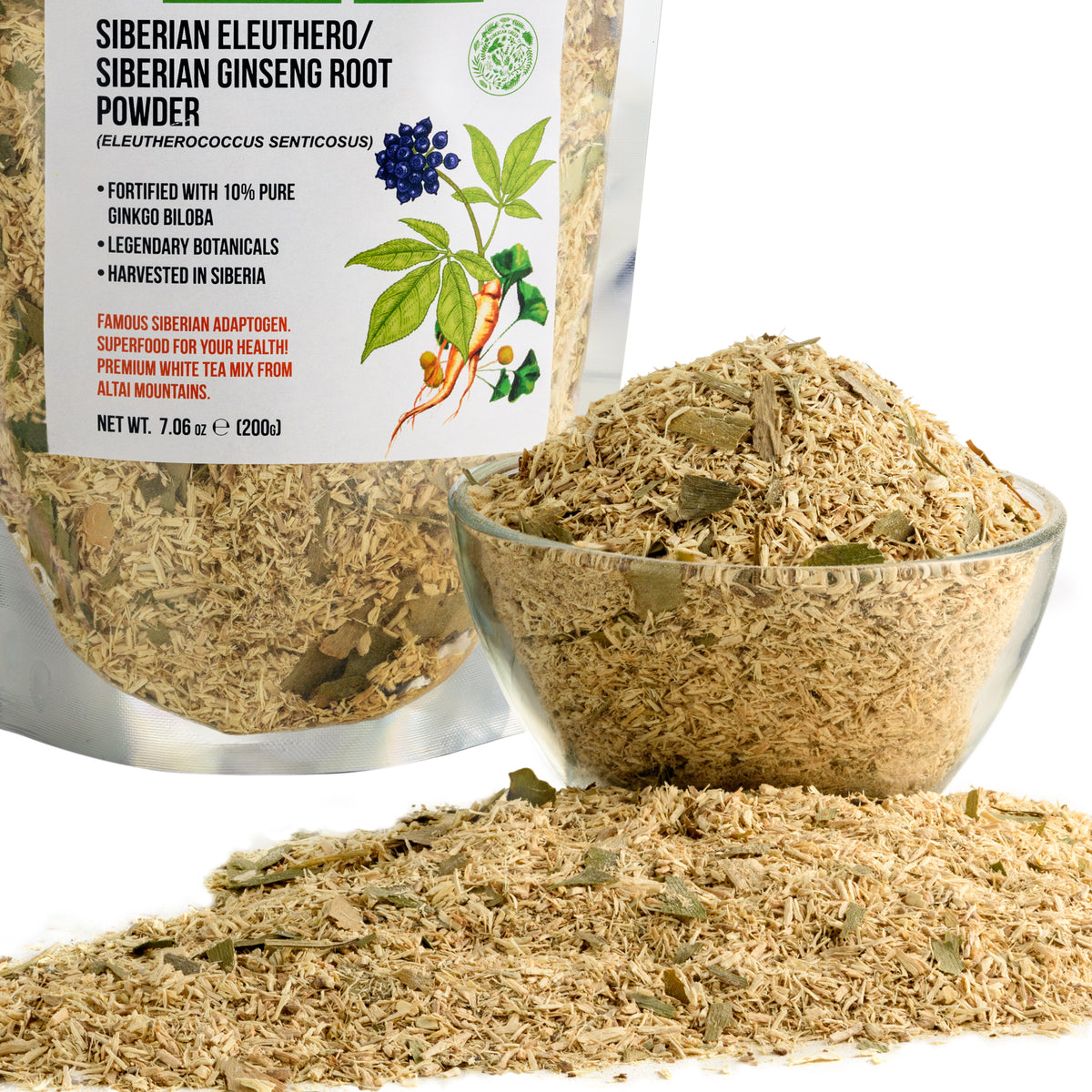 Siberian Ginseng Root Powder with Ginkgo Biloba – 200g | 100% Natural Eleuthero Root from Altai Taiga