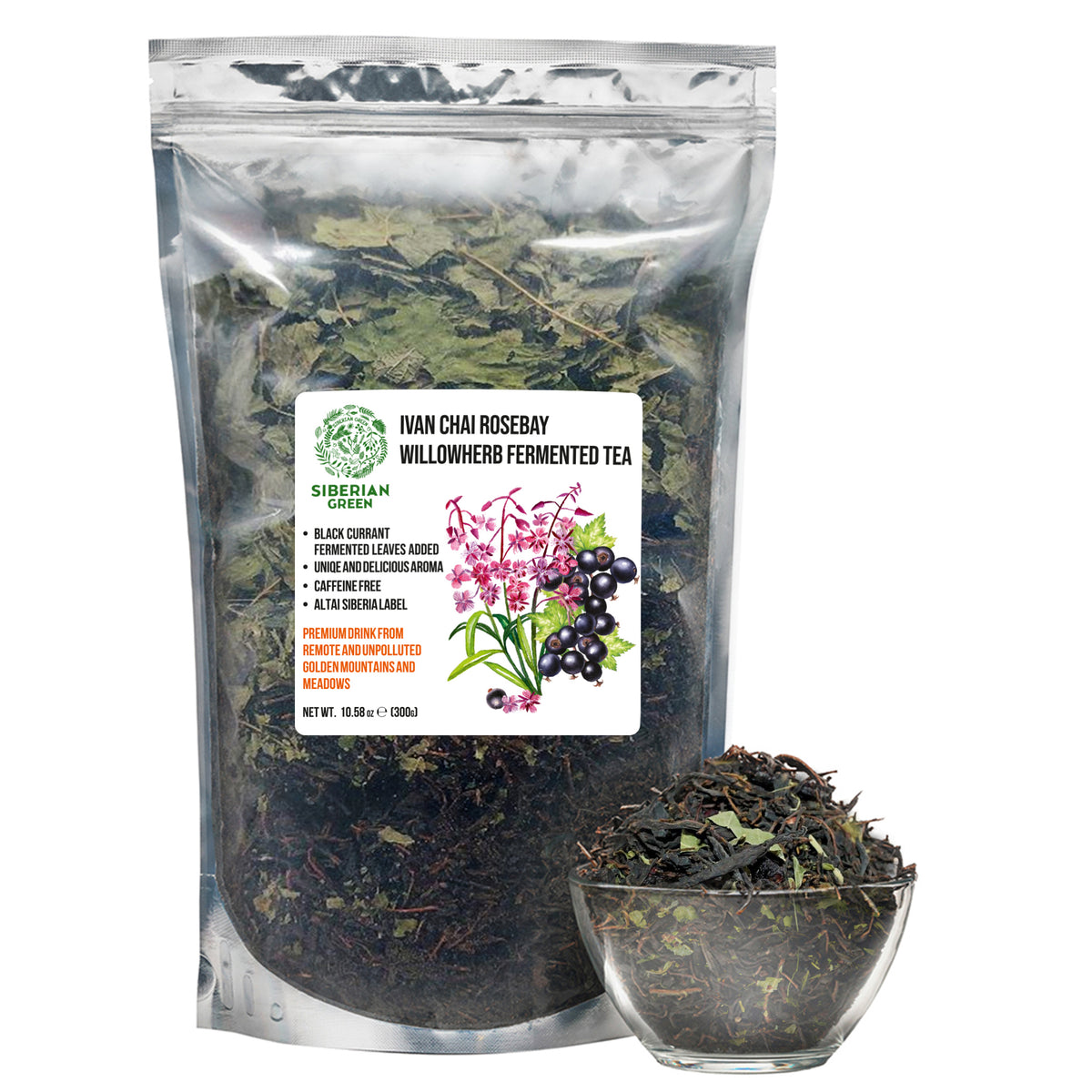 Tè verde siberiano Ivan - 300 g (10,58 oz) | Premium Ivan-Chai fermentato in foglie sfuse con foglie di ribes nero
