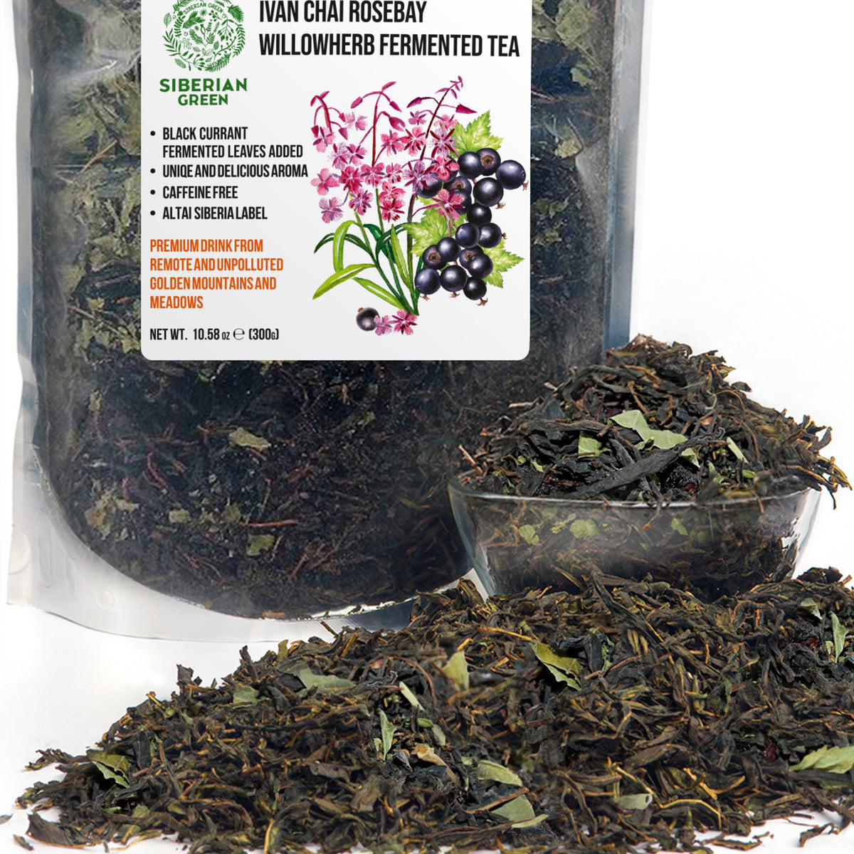 Tè verde siberiano Ivan - 300 g (10,58 oz) | Premium Ivan-Chai fermentato in foglie sfuse con foglie di ribes nero