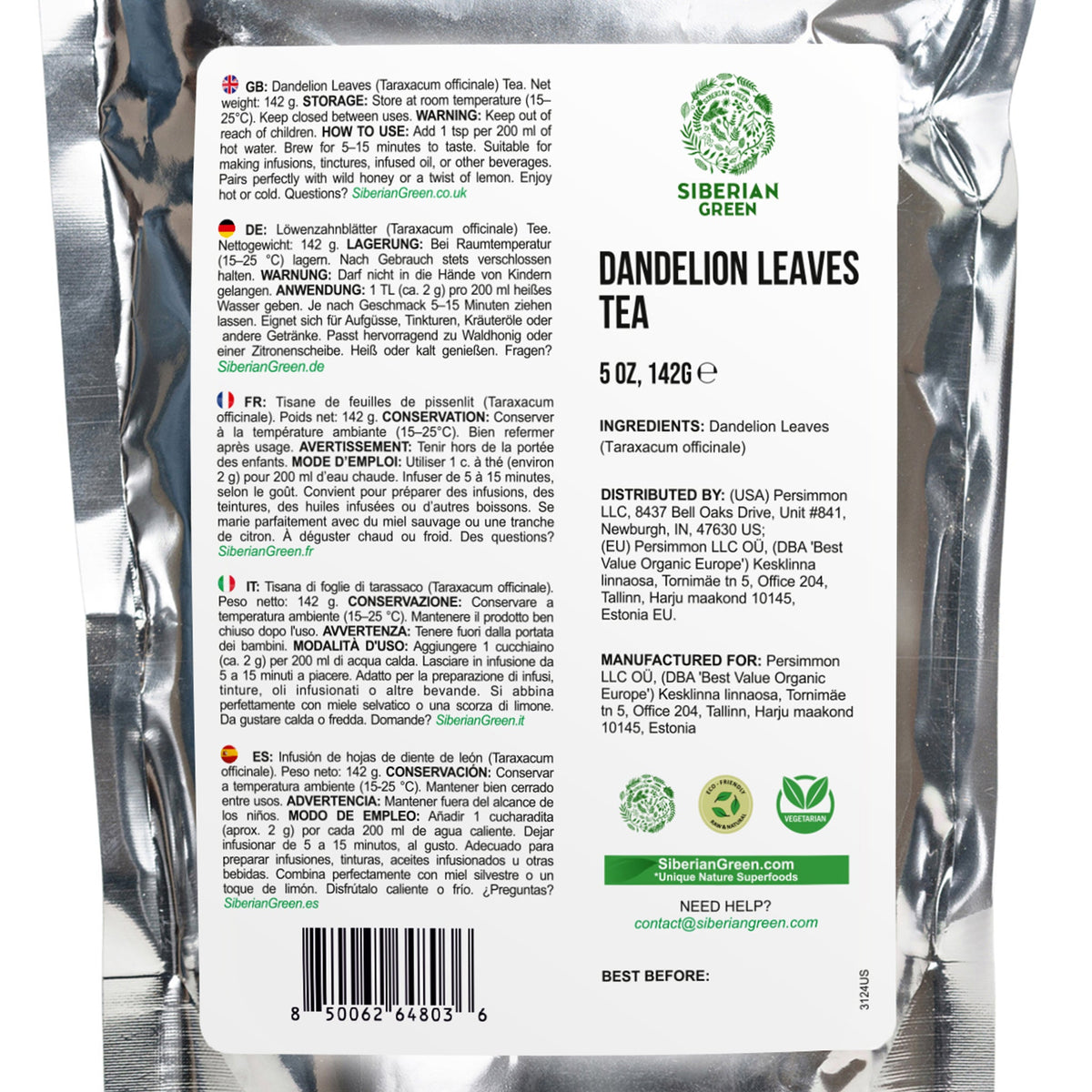 Té de hojas de diente de león siberiano (Taraxacum officinale): refrescante, desintoxicante y rico en nutrientes. 142 g (5 oz)