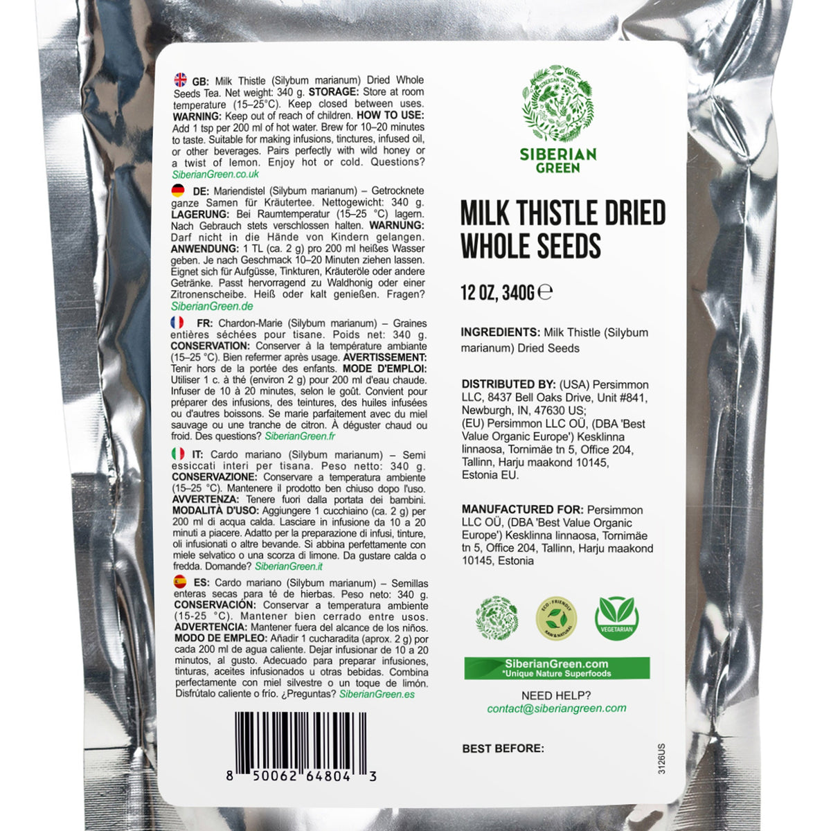 Graines entières séchées de chardon-Marie de Sibérie (Silybum marianum) – riches en antioxydants – 340 g (12 oz)